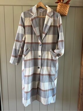 Plaid Longline Coatigan in Cream, Gray & Brown - Princess Polly